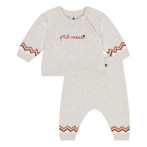 Petit Bateau - Conjunto de Jersey y Pantalón de Lana P'tit Cœur | Beige jaspeado