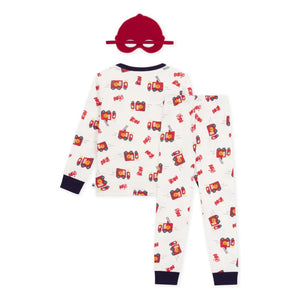 Petit Bateau - Organik Pamuk İtfaiyeci Pijama ve Maske Seti | Beyaz