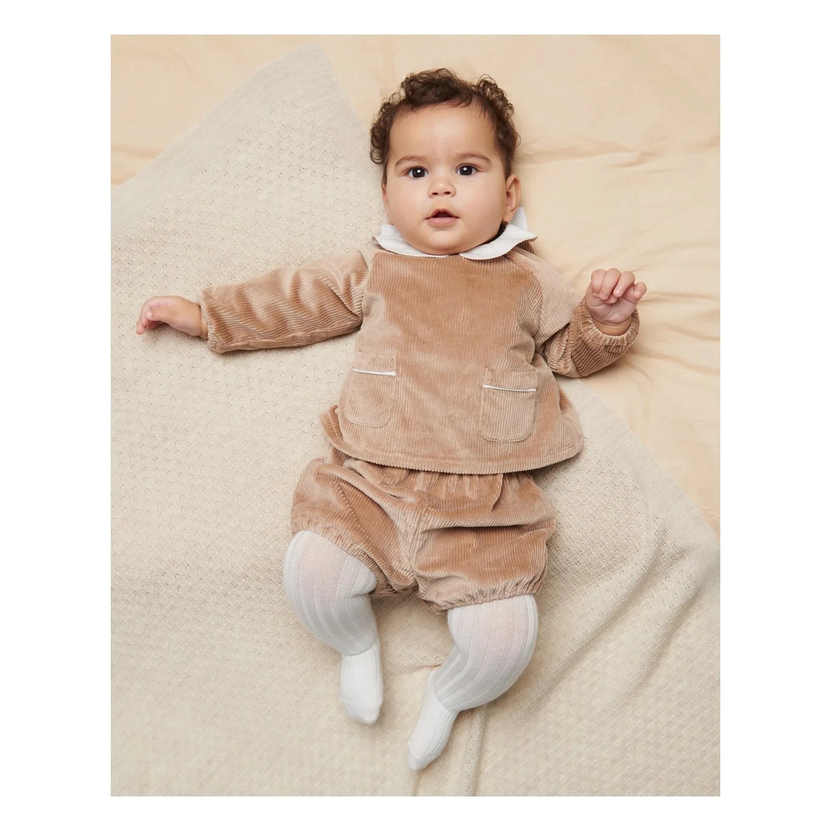 Copenhagen Colors - Organik Pamuklu Fitilli Kadife Cepli Bluz ve Tulum Seti | Bej