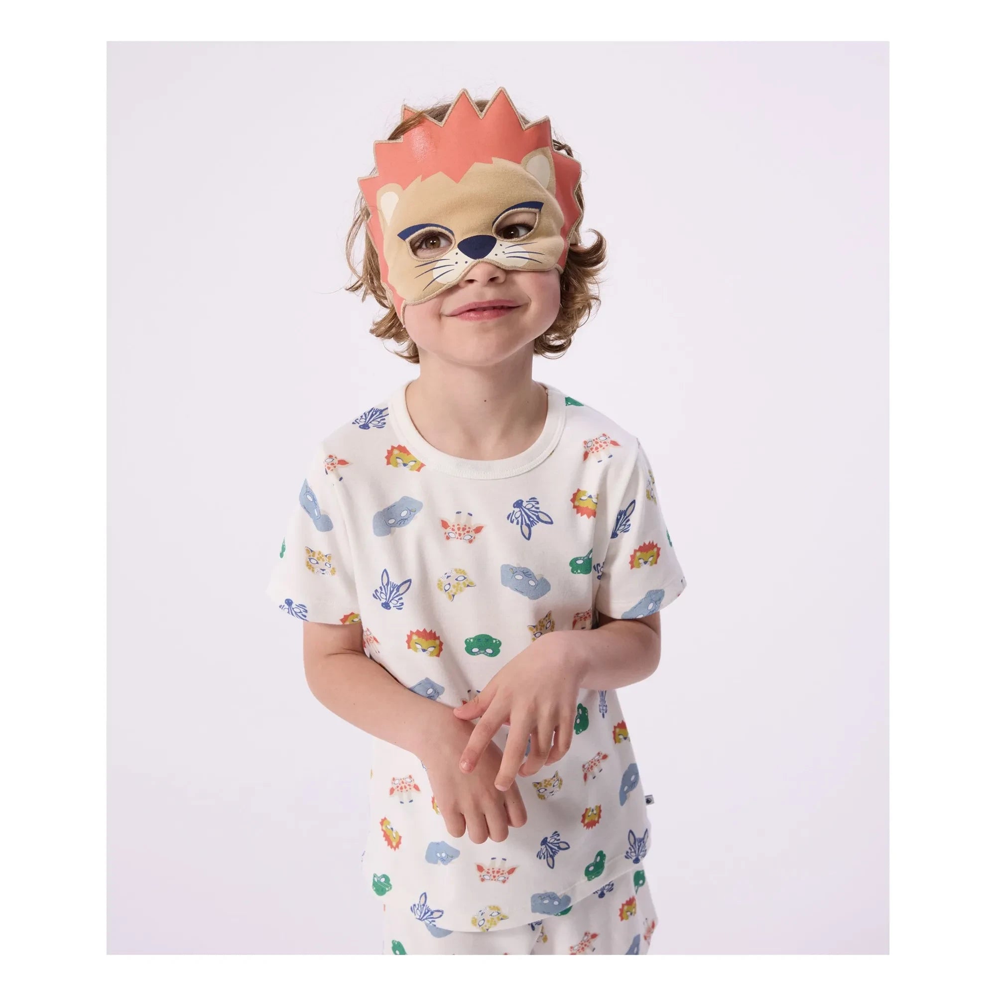 Petit Bateau - Conjunto de pijama corto con máscara de león de algodón orgánico | Blanco