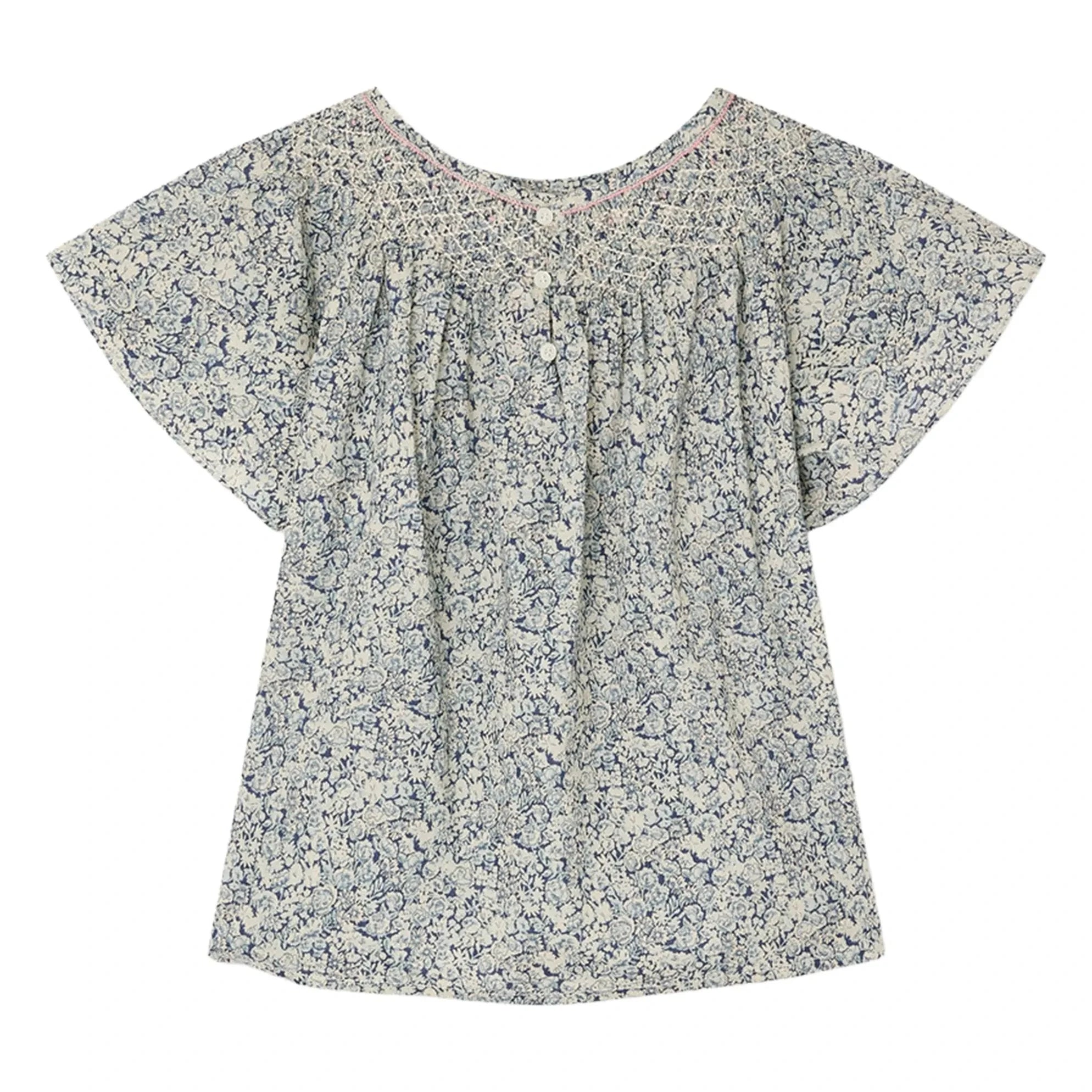 Bonpoint - Blusa Nella Fleurie de algodón orgánico con fruncido | Azul Prusia