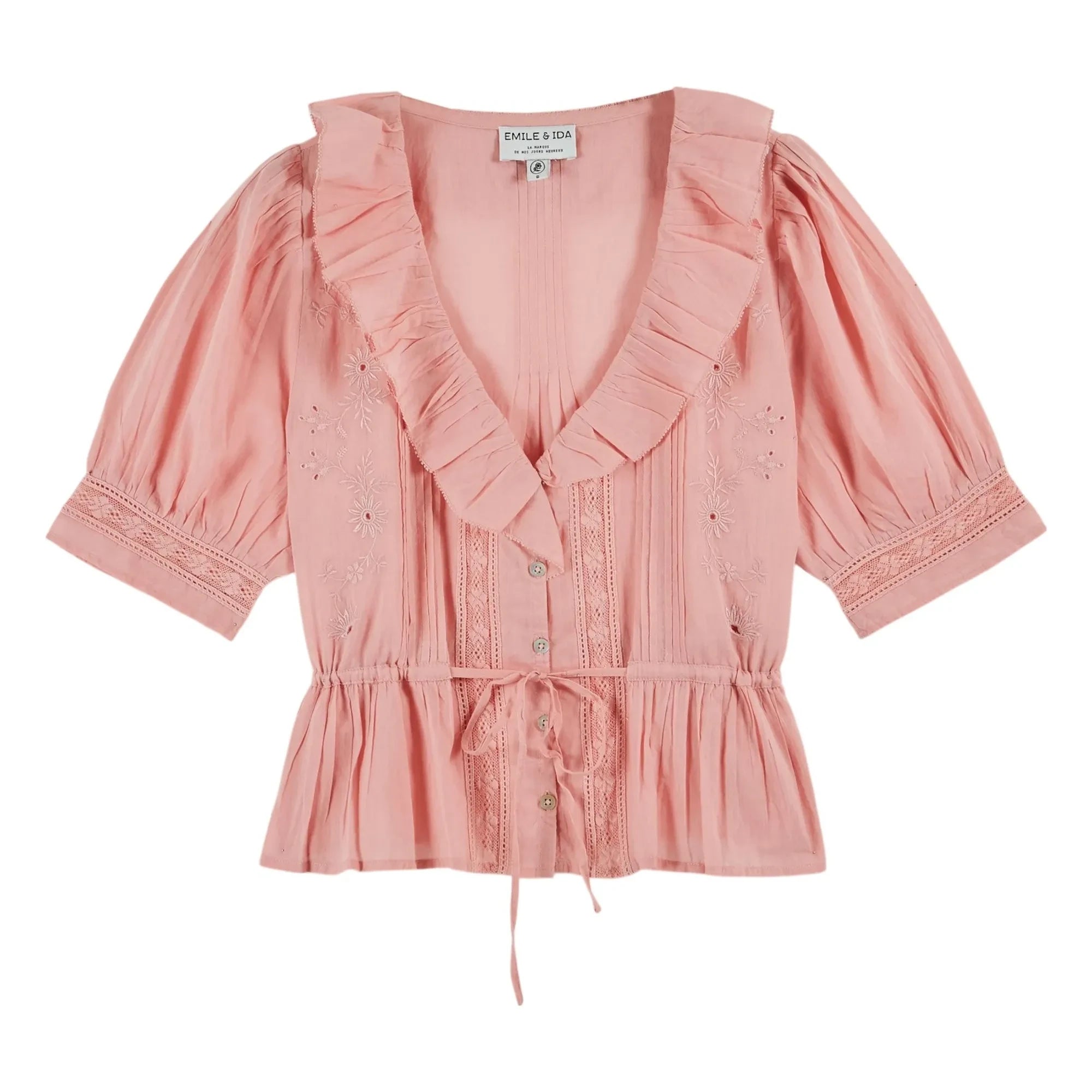 Emile et Ida - Blusa de algodón bordada con volantes | Rosa