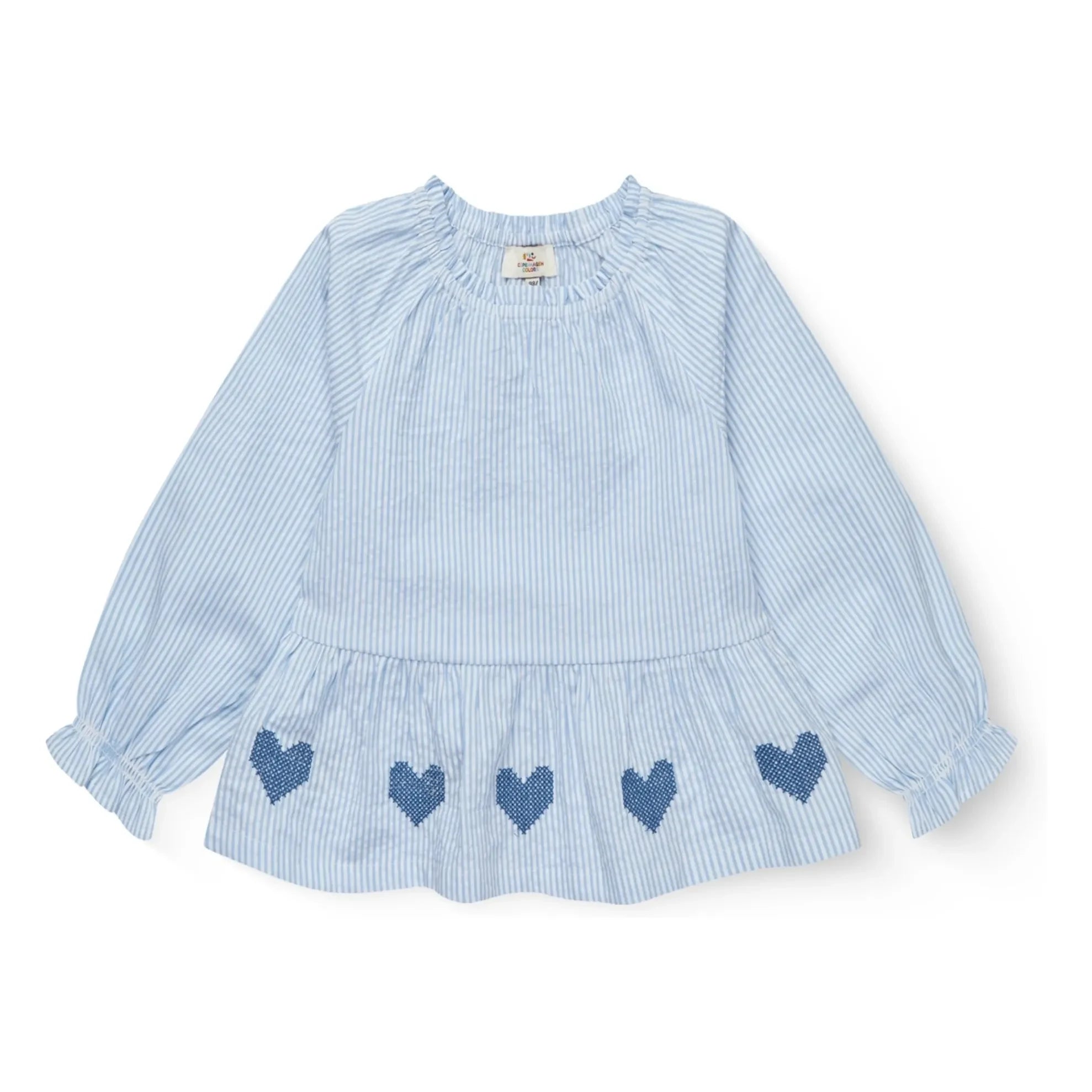 Copenhagen Colors - Blusa de algodón orgánico seersucker a rayas y bordada | Azul claro