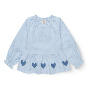 Copenhagen Colors - Blusa de algodón orgánico seersucker a rayas y bordada | Azul claro