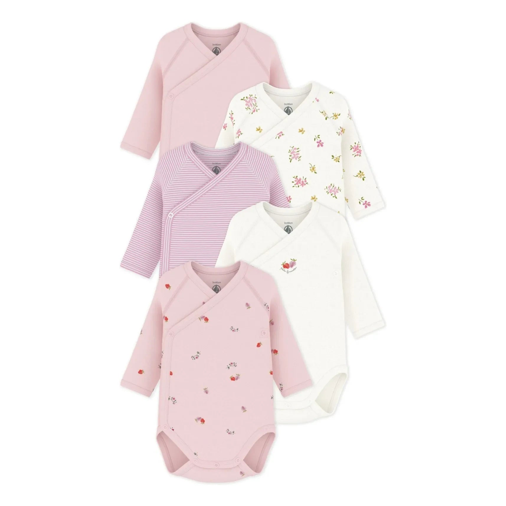 Petit Bateau - Conjunto de 5 bodies de algodón orgánico con flores | Rosa