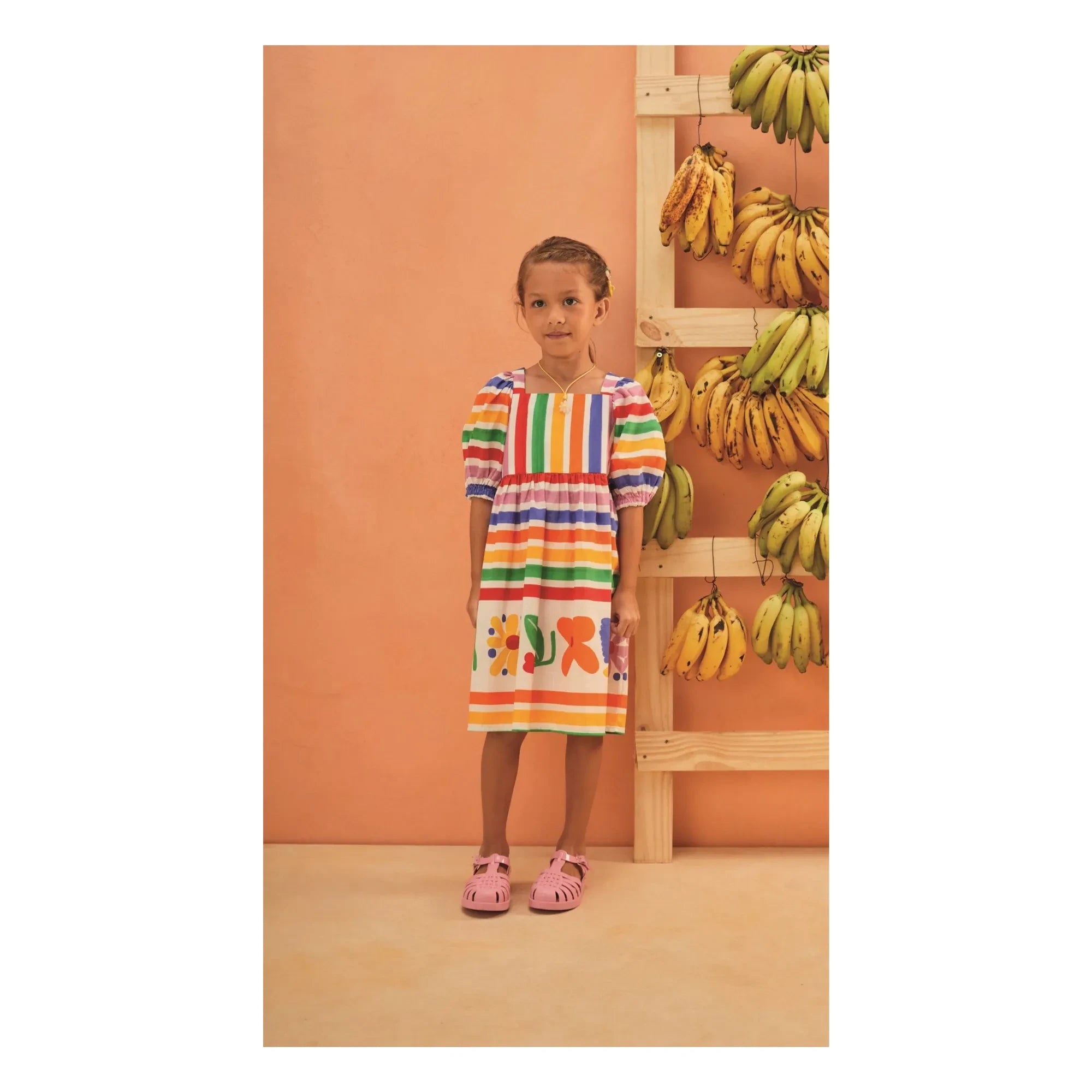 Fábula - Vestido de manga abullonada a rayas y flores | Amarillo