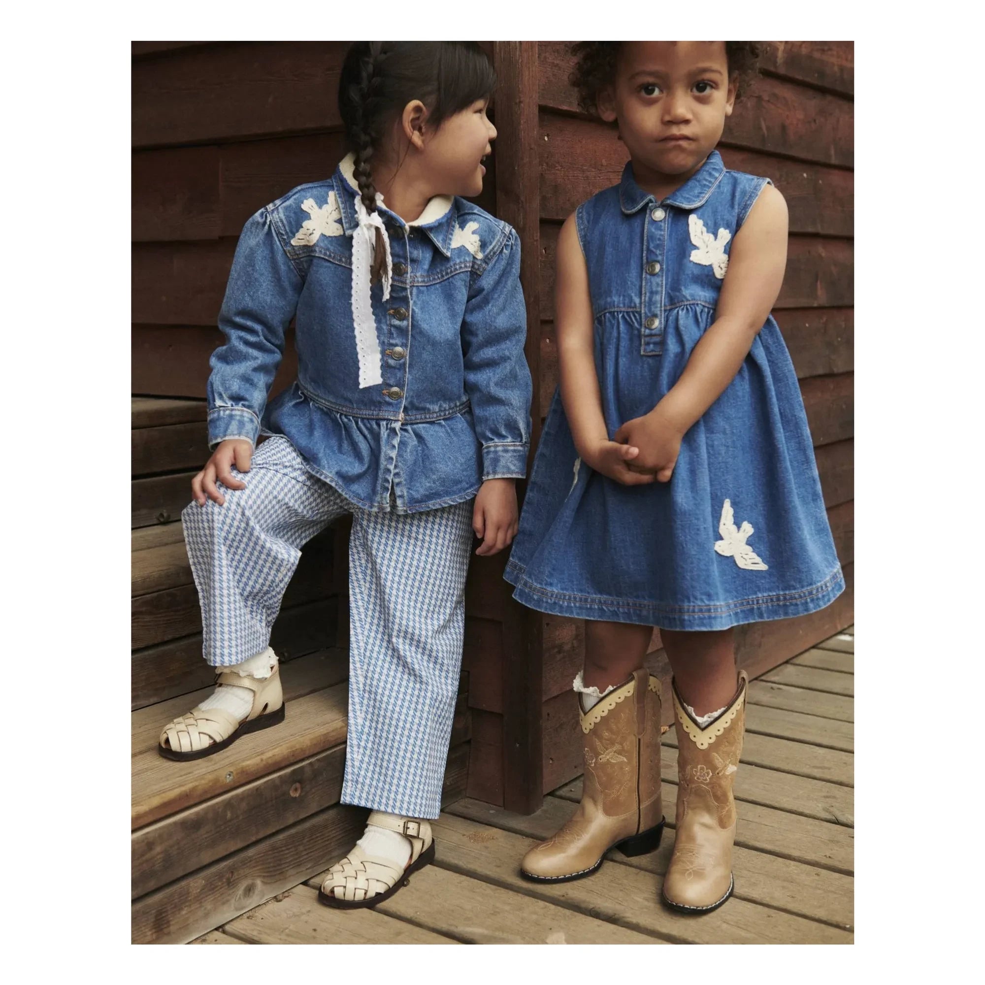 Copenhagen Colors - Vestido vaquero de algodón orgánico con estampado de pájaros azules