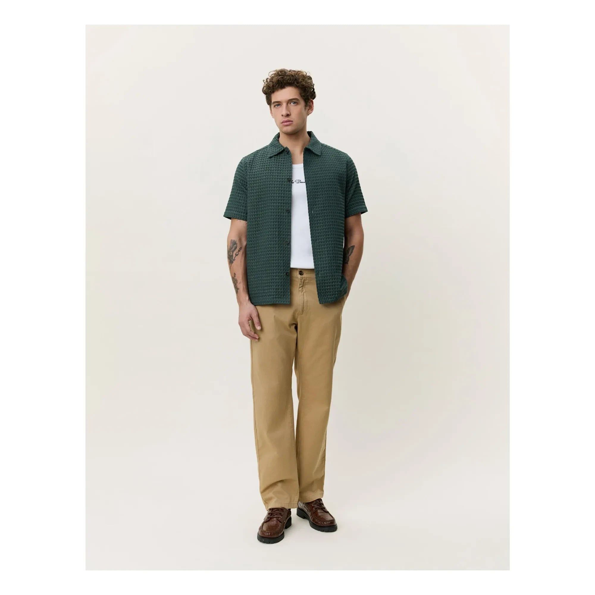Les Deux - Camisa Chack Seersucker | Verde oscuro