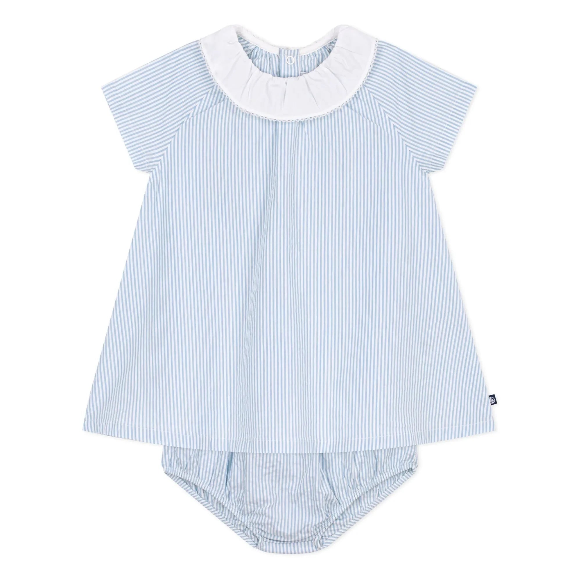 Petit Bateau - Conjunto de vestido con cuello y braguita a rayas de algodón orgánico seersucker | Azul