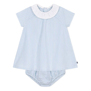 Petit Bateau - Conjunto de vestido con cuello y braguita a rayas de algodón orgánico seersucker | Azul