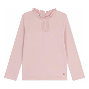 Petit Bateau - Camiseta lisa de algodón orgánico con cuello con volantes | Rosa claro