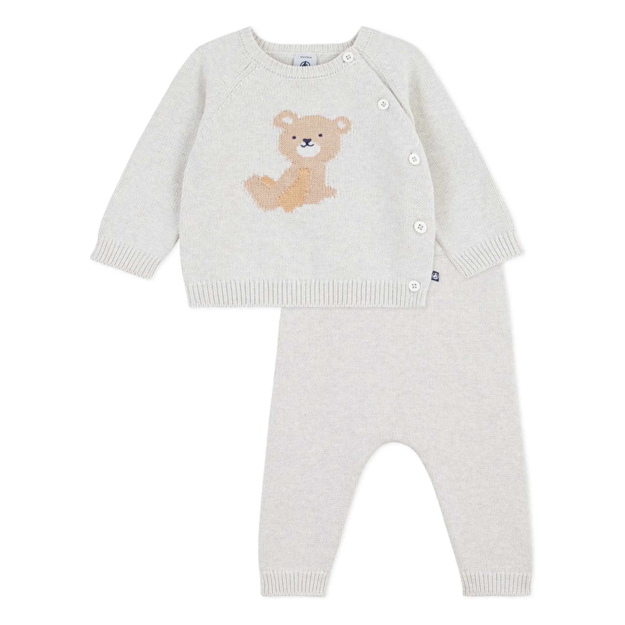 Petit Bateau - Conjunto de jersey de jacquard de ositos y pantalones de algodón orgánico | Beige jaspeado