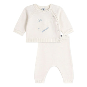 Petit Bateau - Conjunto de Jersey y Pantalón de Lana Ballena | Blanco