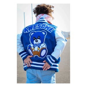Niño Niña - Chaqueta Bomber Letterman de Cuero Estupenda | Azul
