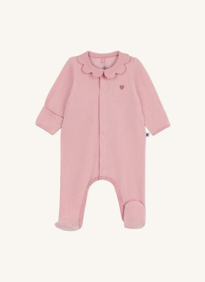 Petit Bateau - Dors Bien Kabartmalı Fırfırlı Yaka Organik Pamuklu Pijama | Pembe