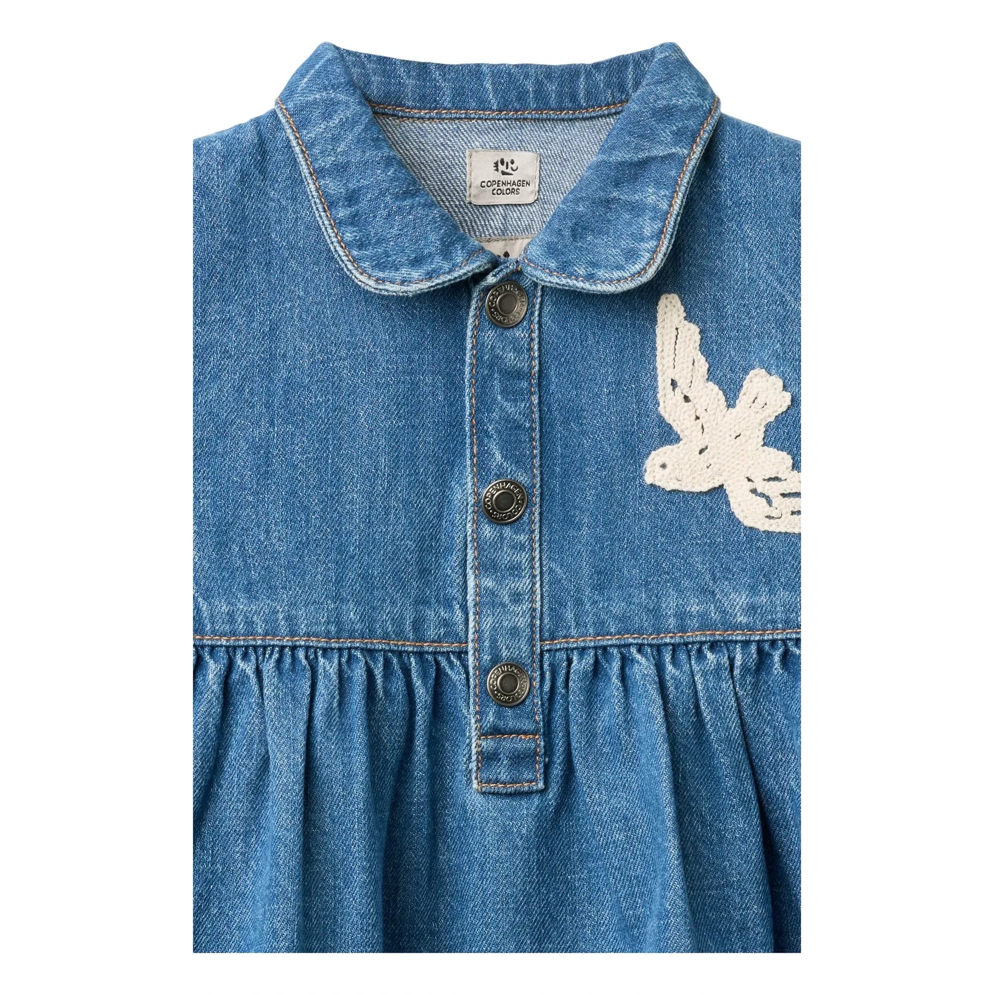 Copenhagen Colors - Vestido vaquero de algodón orgánico con estampado de pájaros azules
