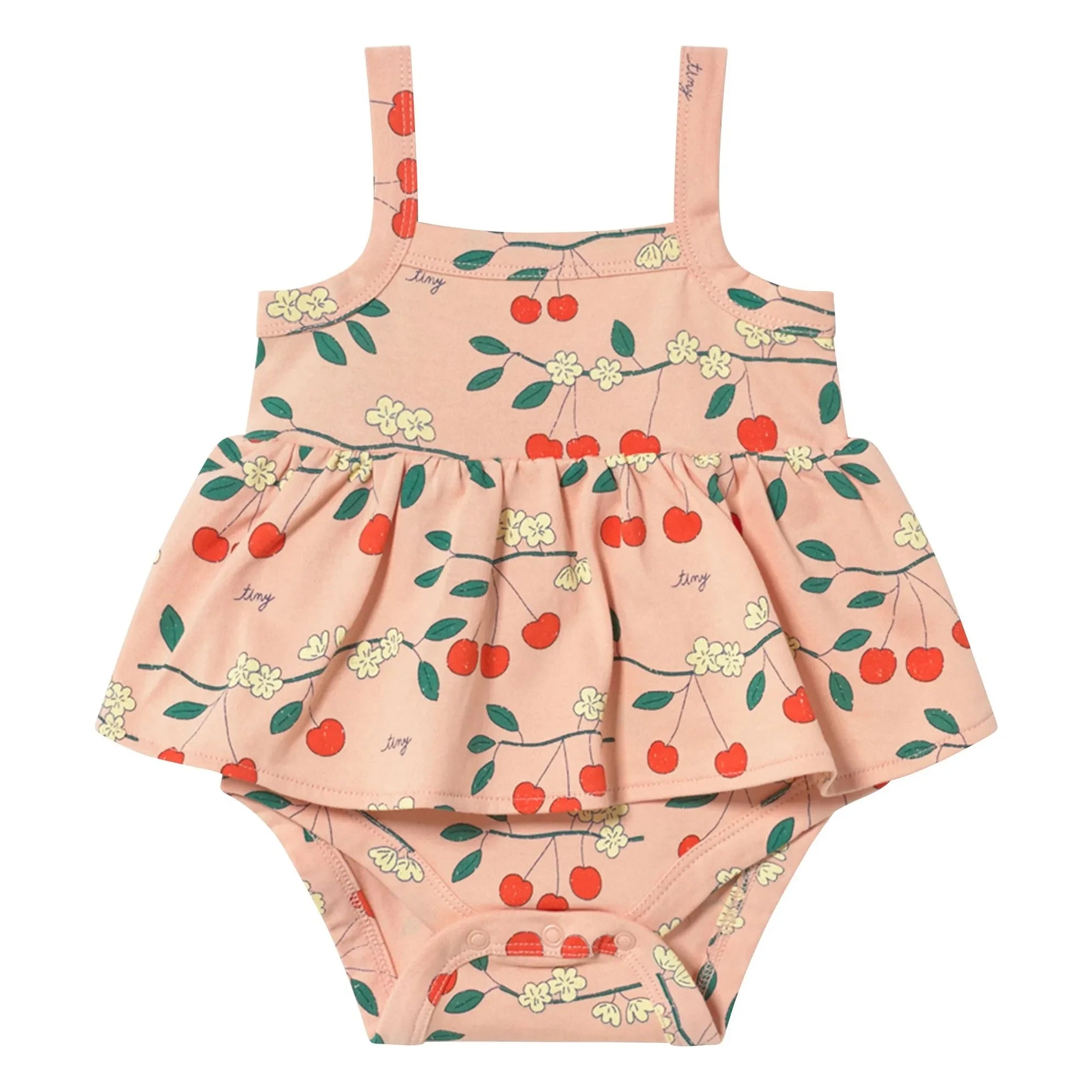 Tinycottons - Mono de algodón orgánico con volantes de cerezas | Rosa