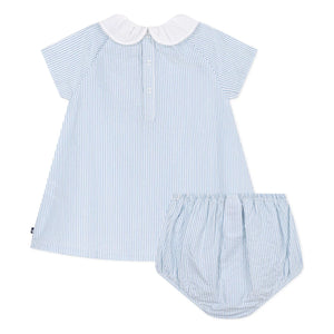 Petit Bateau - Conjunto de vestido con cuello y braguita a rayas de algodón orgánico seersucker | Azul