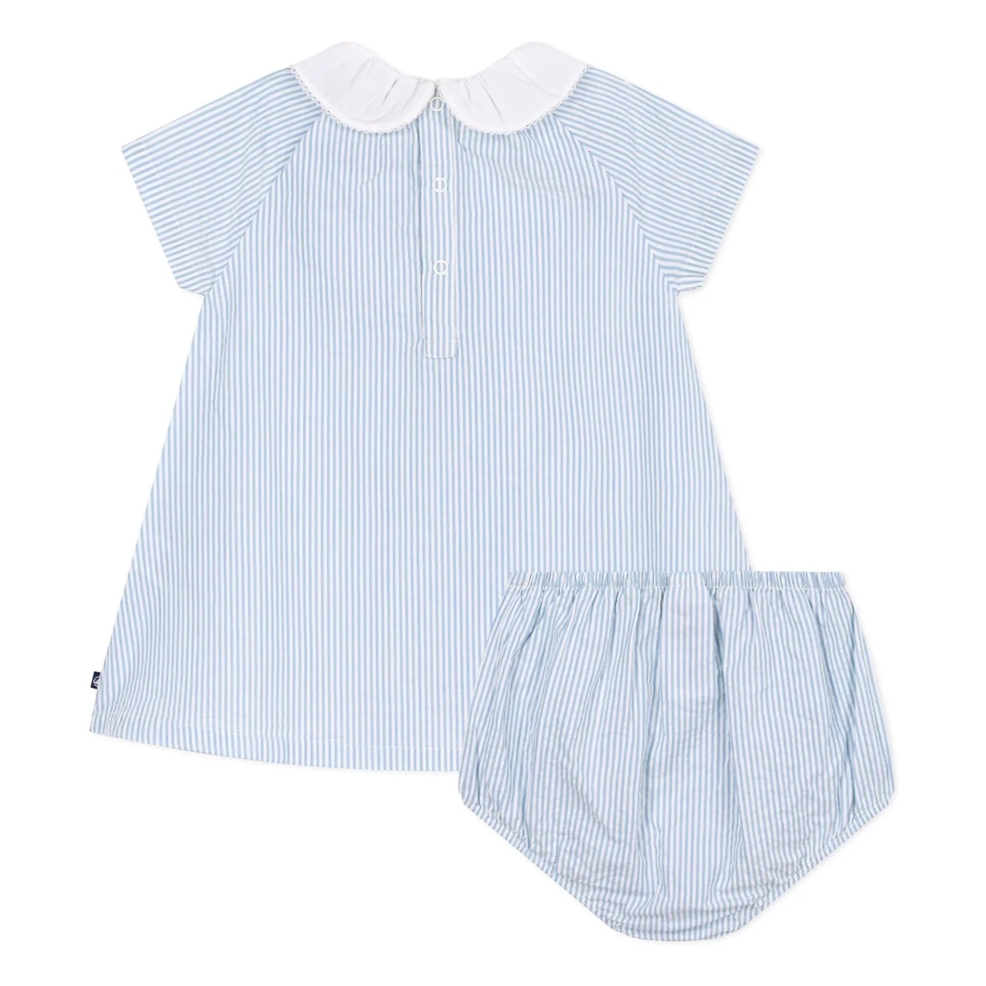 Petit Bateau - Conjunto de vestido con cuello y braguita a rayas de algodón orgánico seersucker | Azul