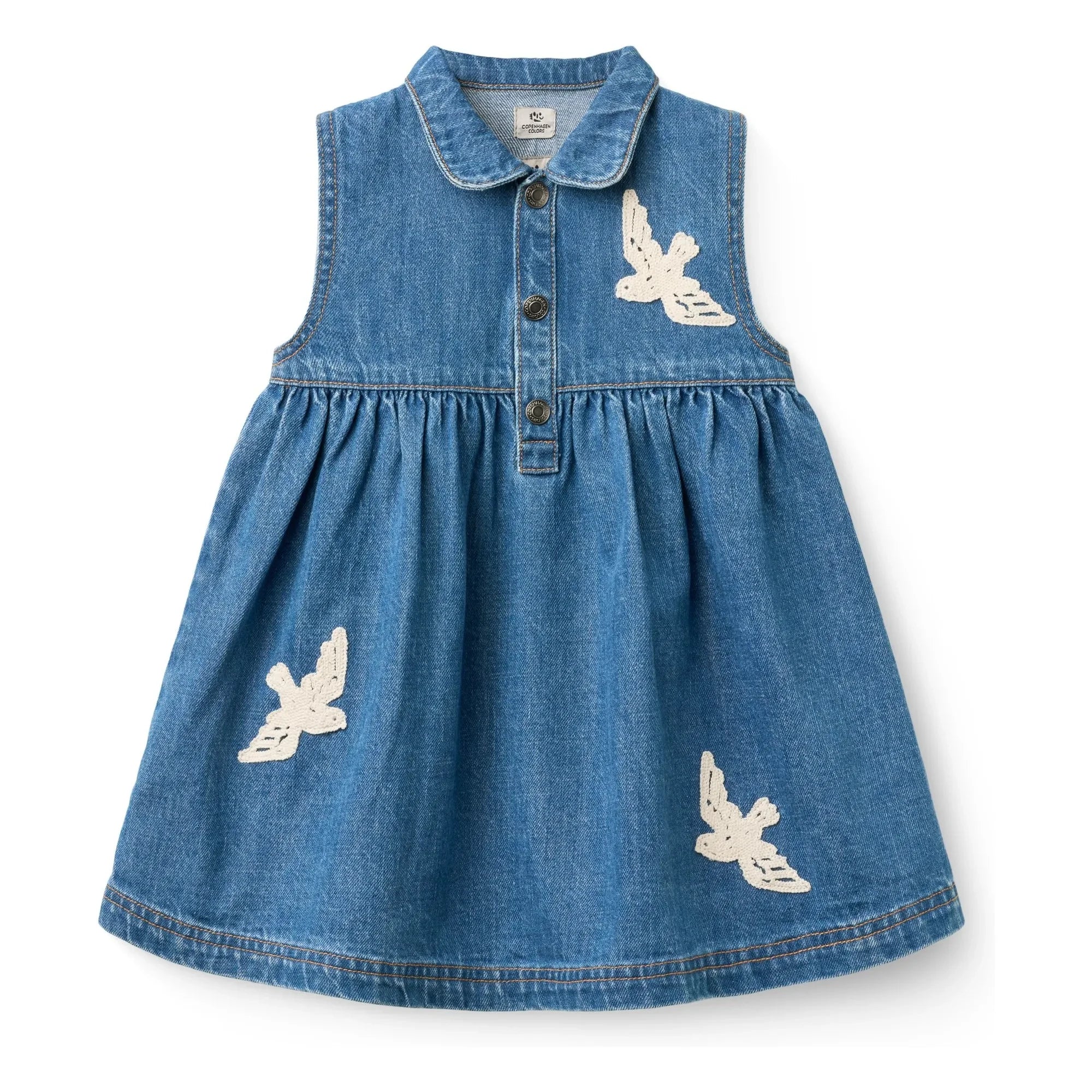 Copenhagen Colors - Vestido vaquero de algodón orgánico con estampado de pájaros azules