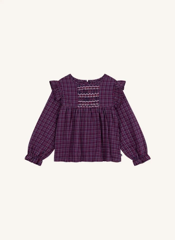 Petit Bateau - Organik pamuklu volanlı ekose bluz | Lacivert