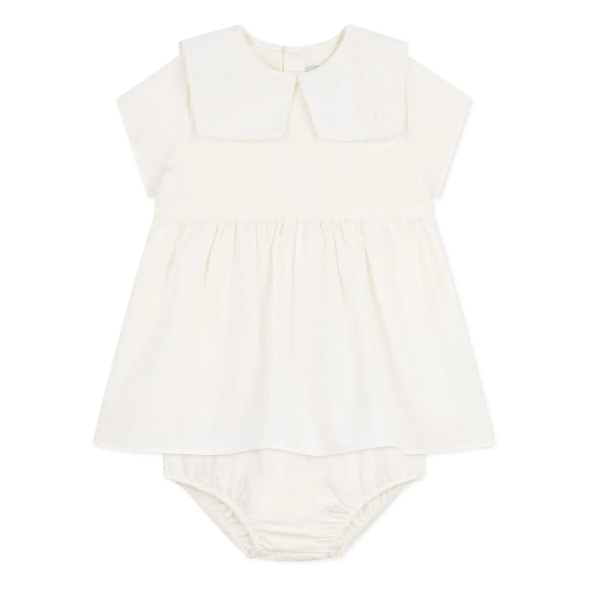Petit Bateau - Conjunto de vestido con cuello marinero y braguita tipo bloomer en lino y algodón orgánico | Blanco