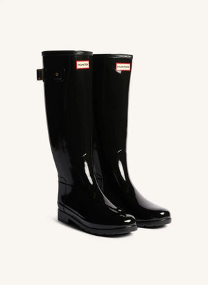 Hunter - Botas de cuero Wellington con acabamento brillante de biés dorado | Negro brillante