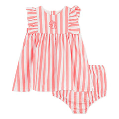 Petit Bateau - Conjunto de vestido y braguita de algodón orgánico seersucker a rayas | Coral