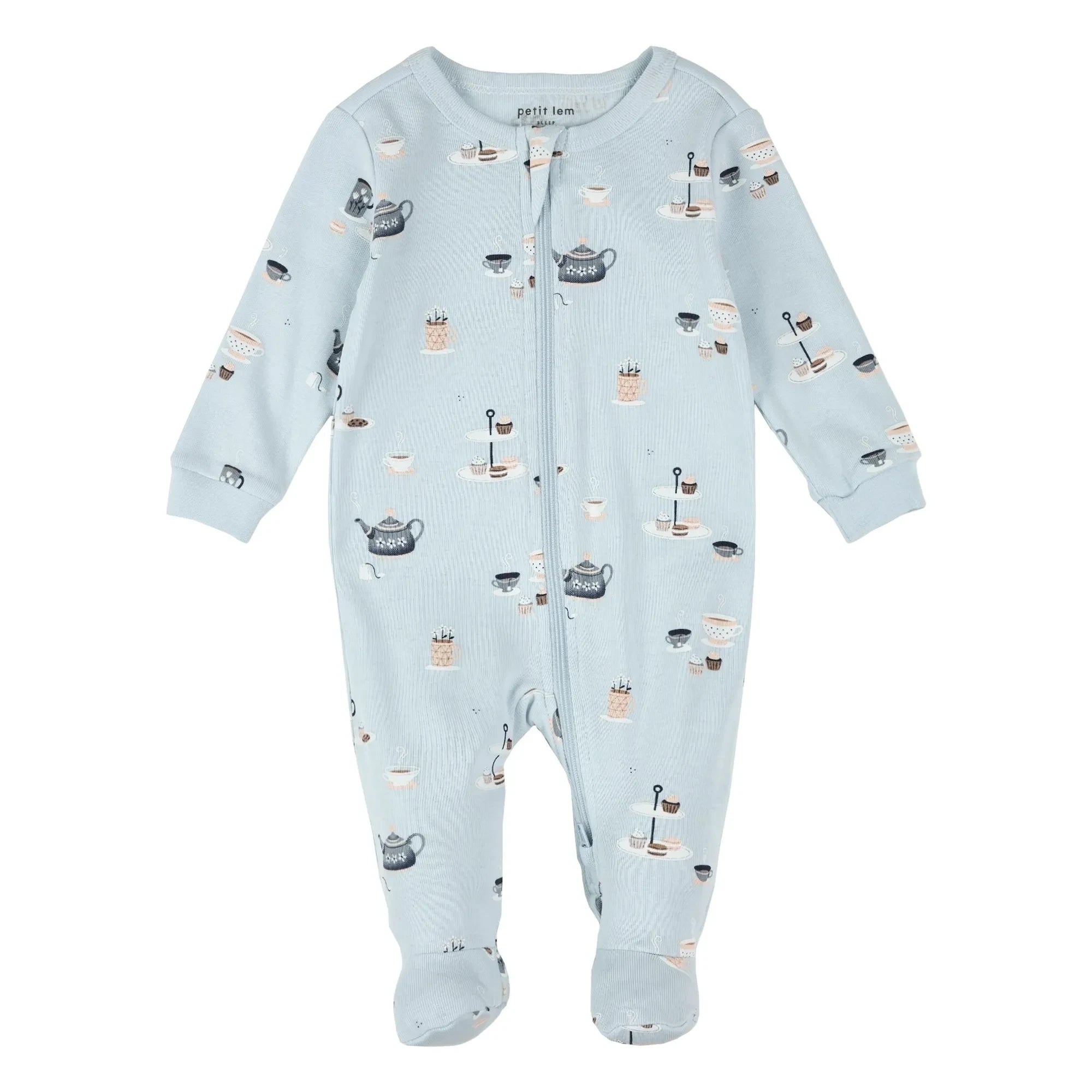 Petit Lem - Pijama con patucos de algodón orgánico Tea Party | Celeste