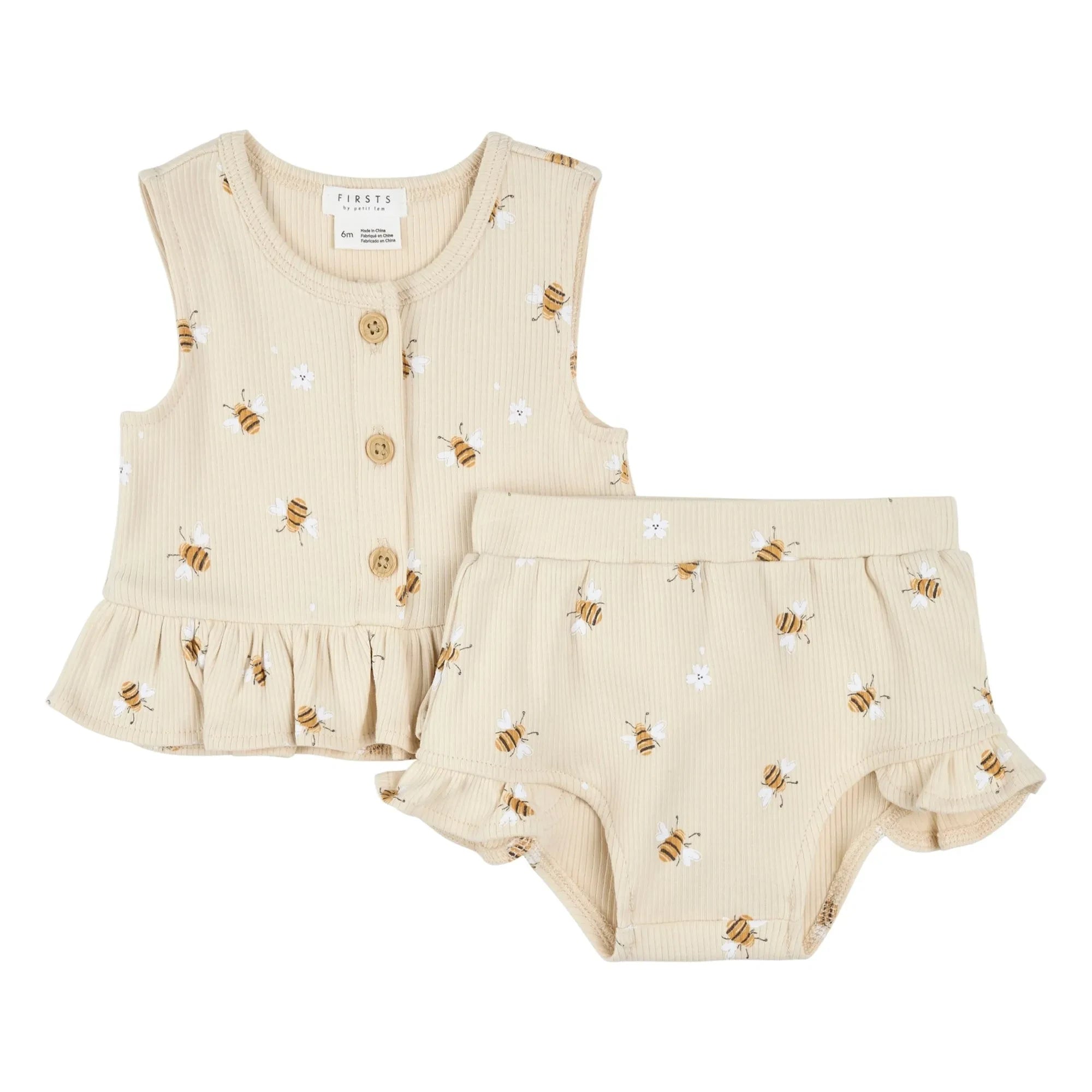 Petit Lem - Conjunto de top y pantalón corto de algodón orgánico acanalado con estampado de abeja | Beige