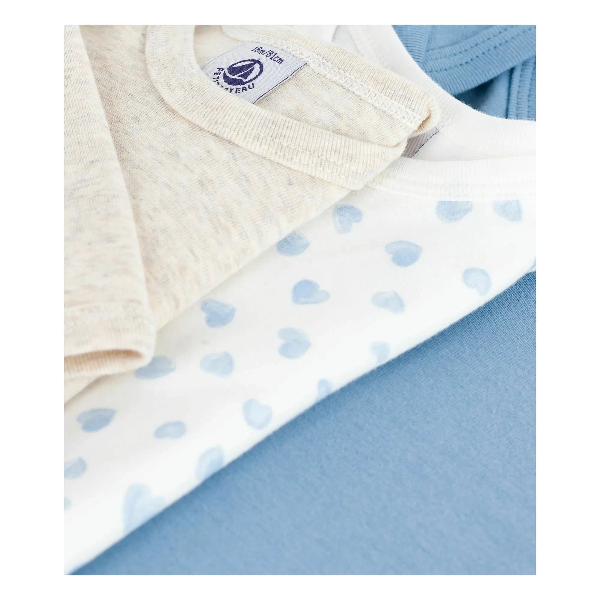 Petit Bateau - Conjunto de 3 bodies de algodón orgánico con corazones | Azul