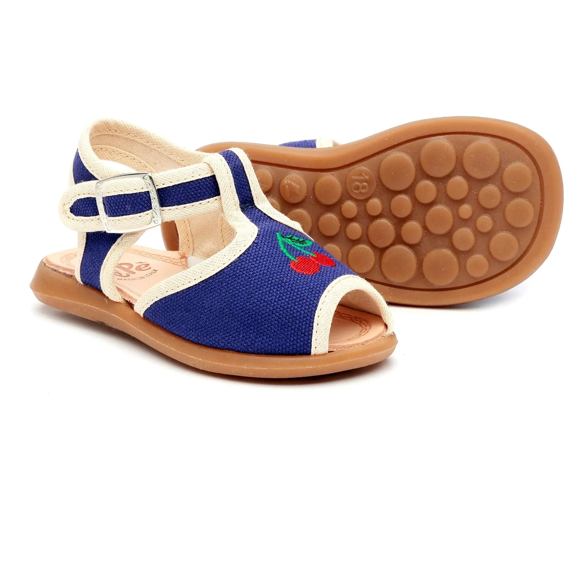 Pèpè - Sandalias bordadas de cerezas | Azul índigo