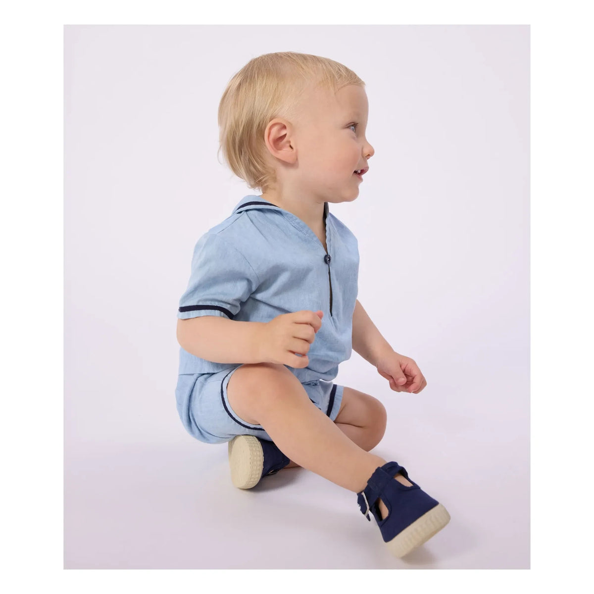 Petit Bateau - Conjunto de Blusa y Cuello Chambray | Azul Claro