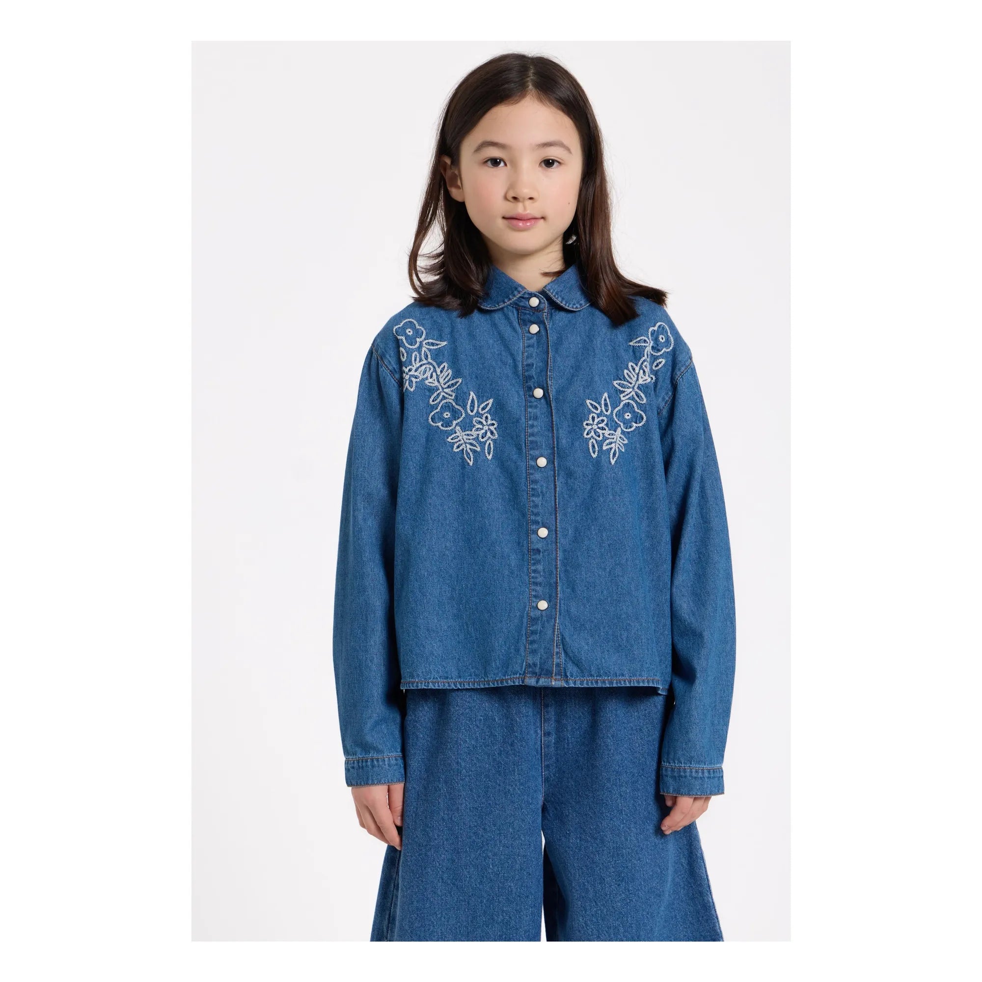 Hundred Pieces - Camisa corta bordada Clara | Azul denim