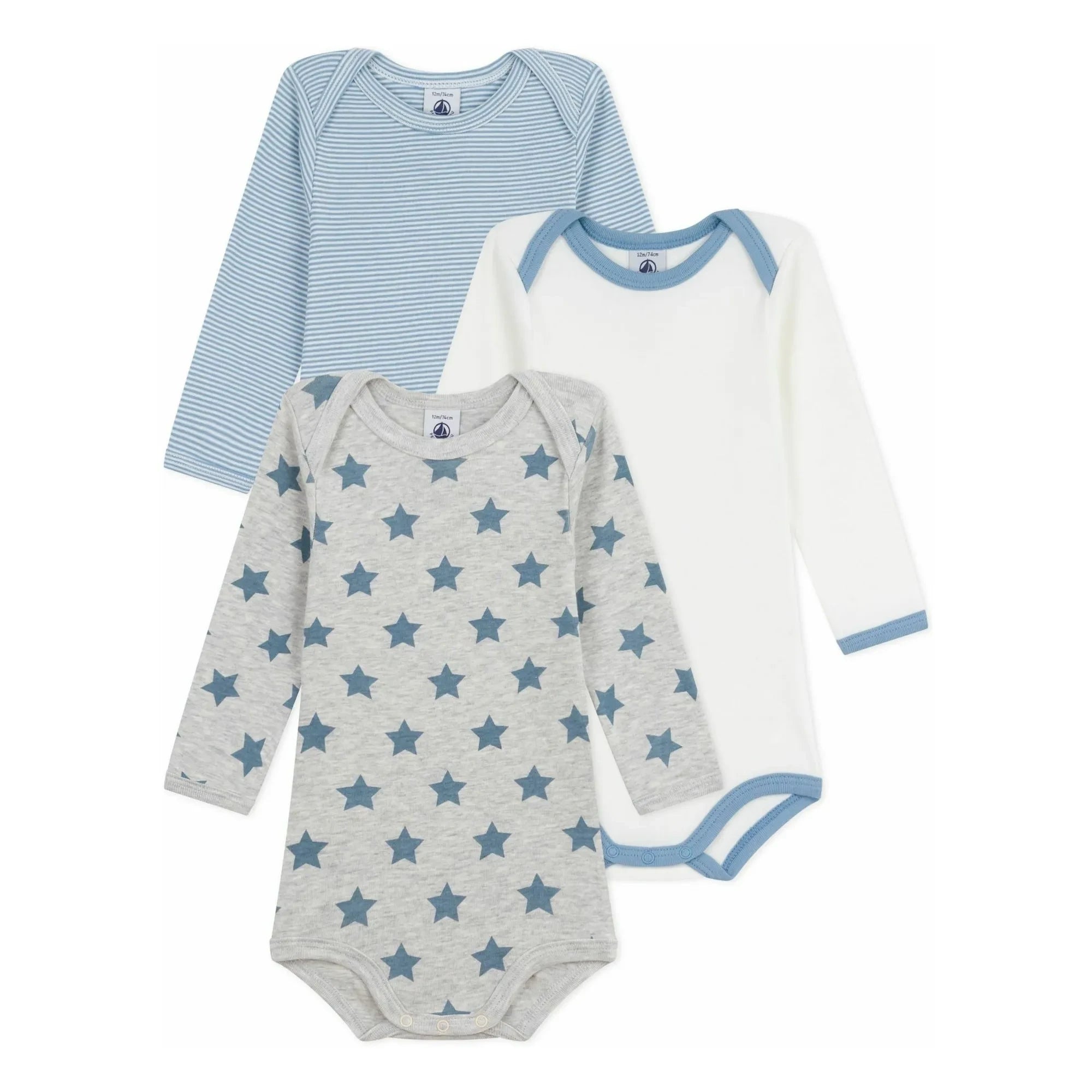 Petit Bateau - Conjunto de 3 bodys de rayas | Azul