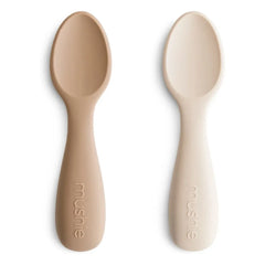 Mushie - Set de cuchara y tenedor de silicona para bebés | Beige