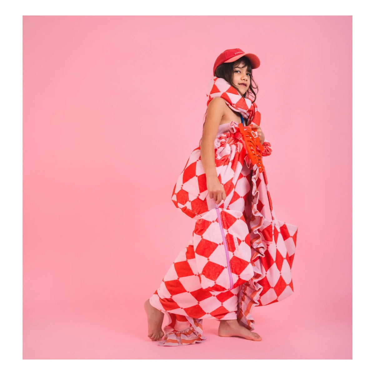 Jera Mini - Rosa | Mochila con bolsillo de tela de toalla con rombos