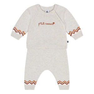 Petit Bateau - Conjunto de Jersey y Pantalón de Lana P'tit Cœur | Beige jaspeado