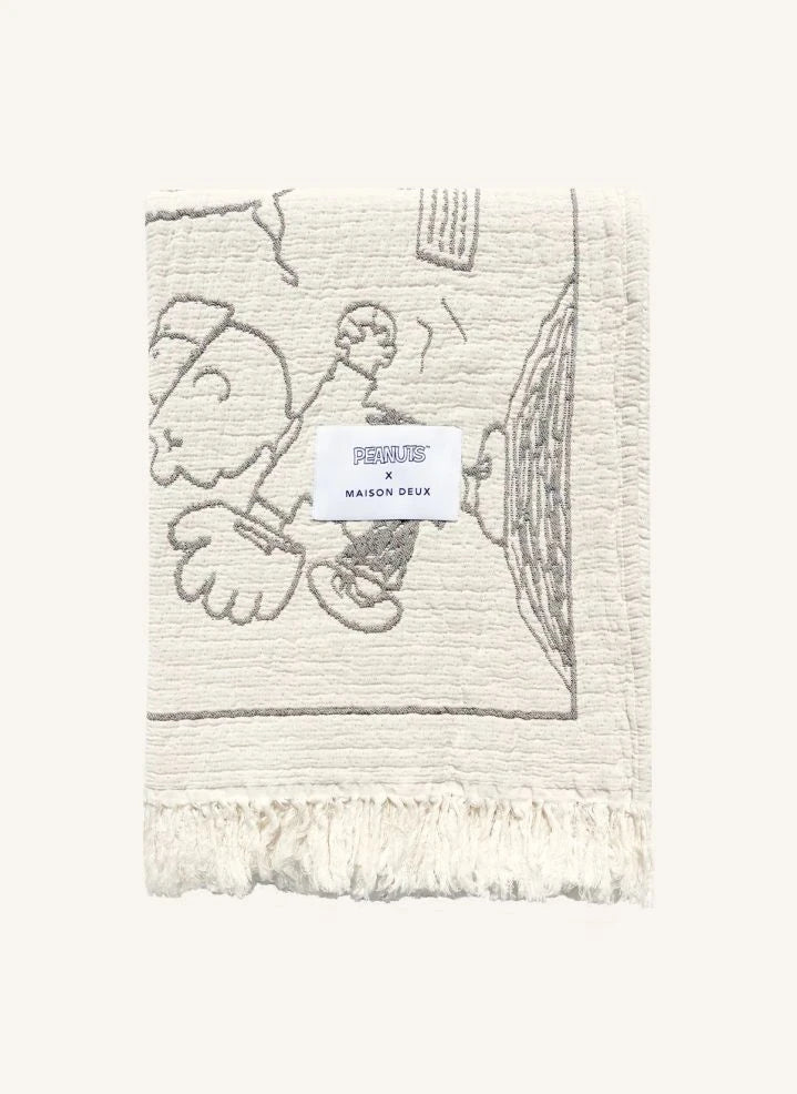 Maison Deux - Maison Deux x Peanuts | Manta de algodón impresa en blanco con diseño de béisbol