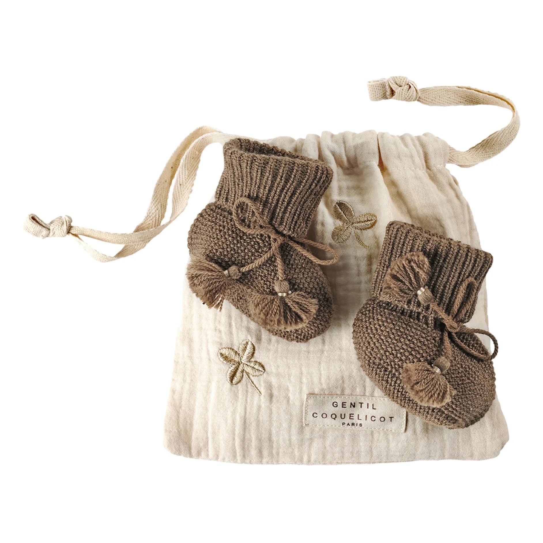 Gentil Coquelicot - Patucos de Punto y Bolsita Bordada | Chocolate