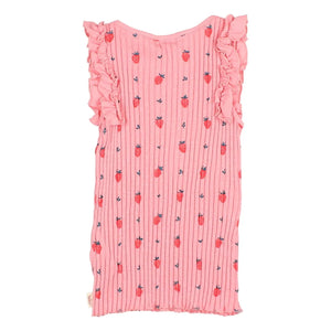 Búho - Camiseta de tirantes a rayas Strawberry Ruffles de algodón orgánico | Rosa caramelo
