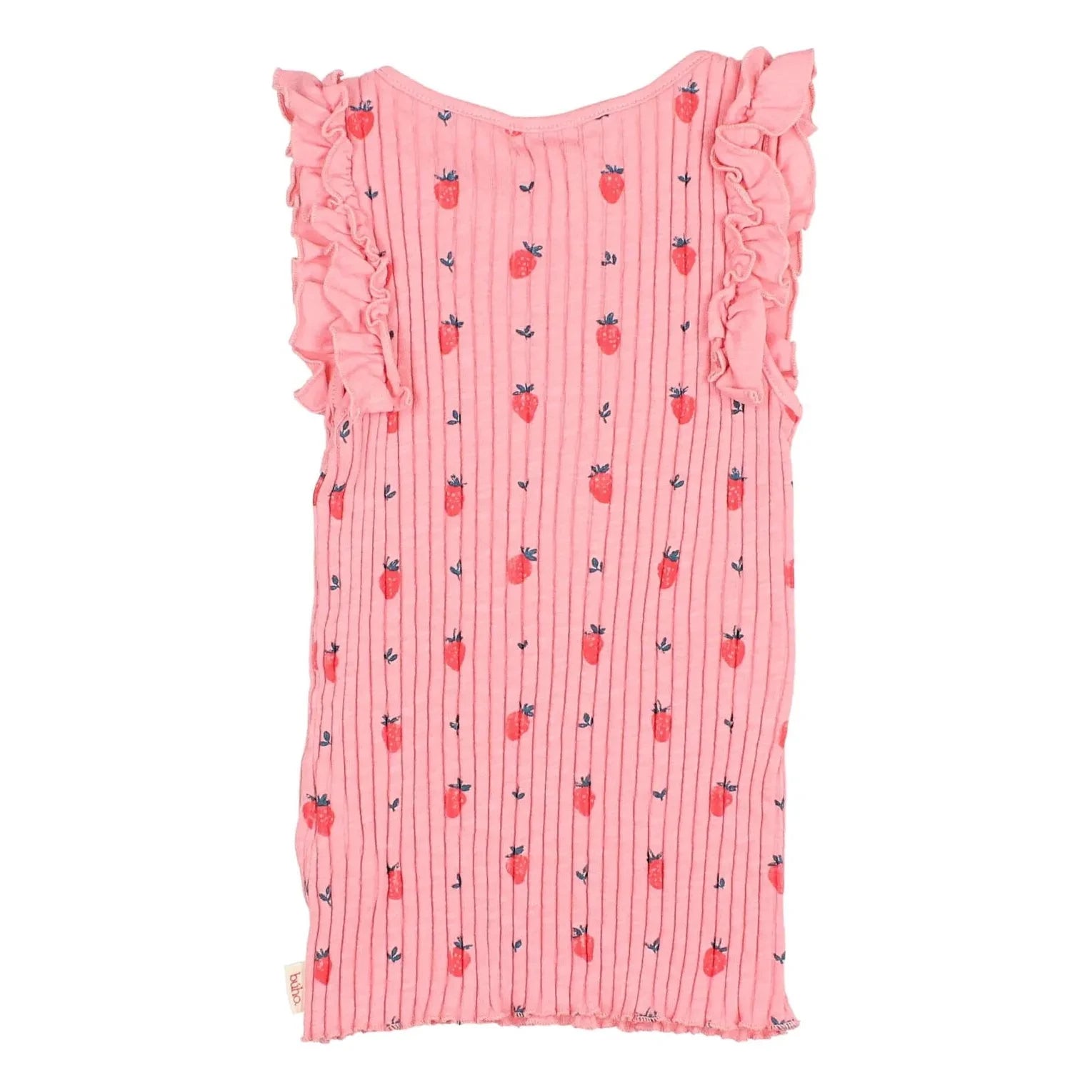 Búho - Camiseta de tirantes a rayas Strawberry Ruffles de algodón orgánico | Rosa caramelo