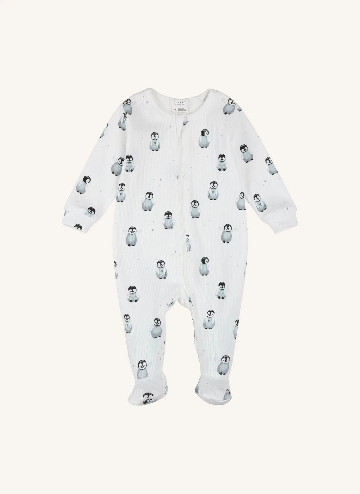 Petit Lem - Pijama acanalado de algodón orgánico con estampado de pingüino y patucos integrados | Ecru
