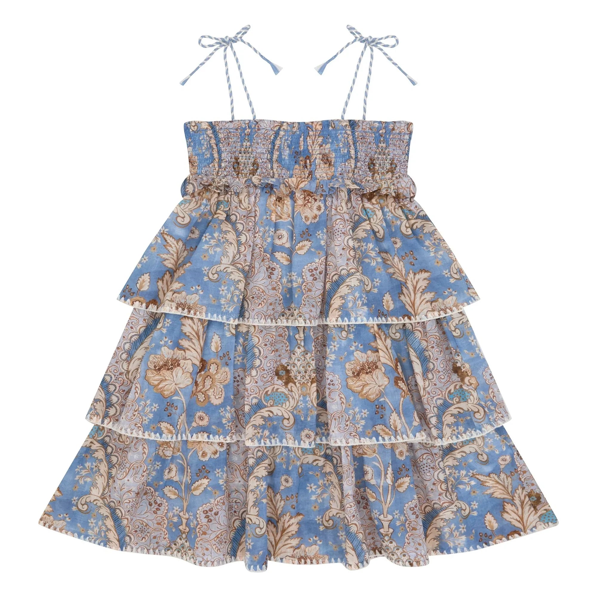 Zimmermann - Vestido Fruncido con Estampado Floral y Ribetes de Volantes | Azul Claro