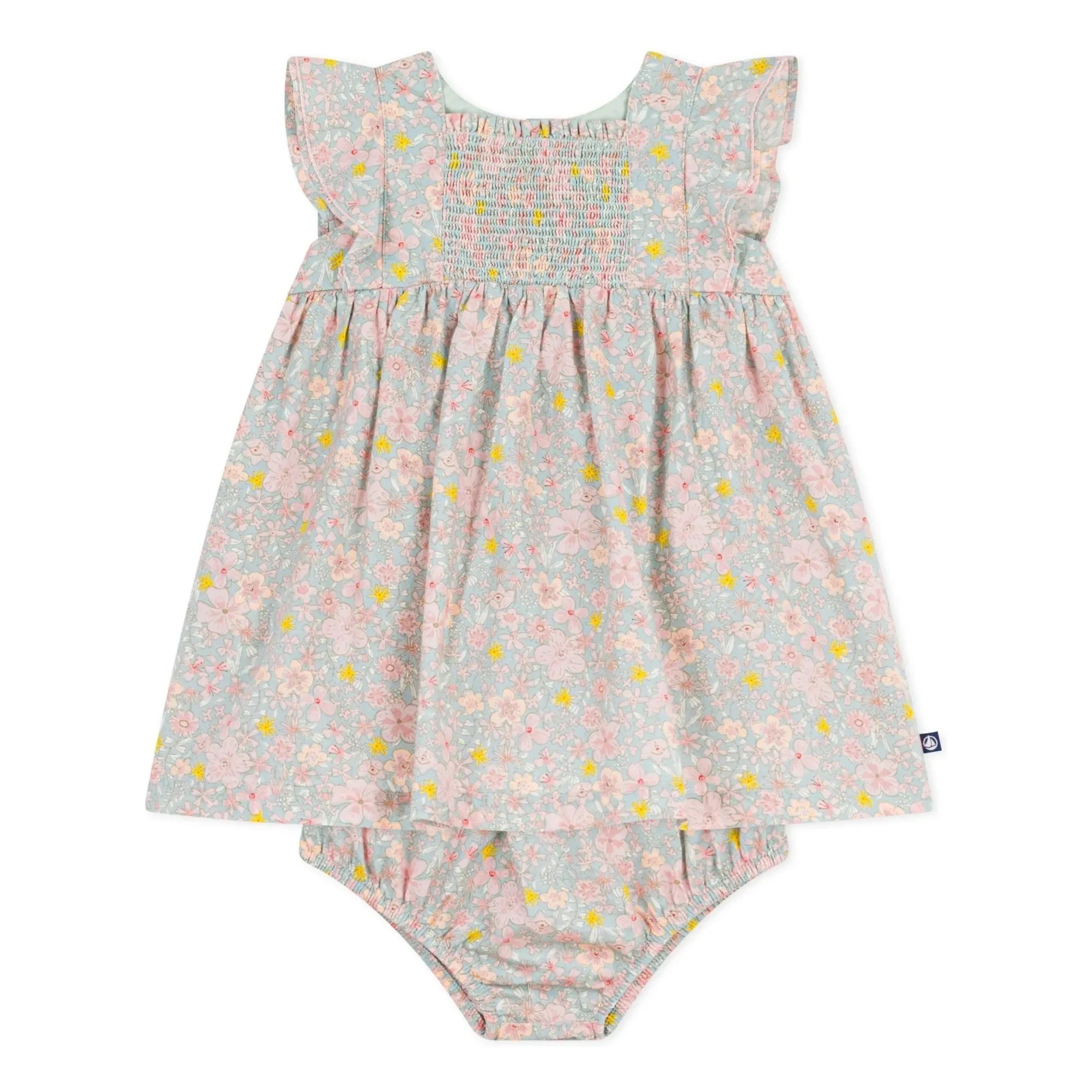 Petit Bateau - Conjunto de vestido y braguita bloomer de algodón orgánico con estampado floral | Azul grisáceo