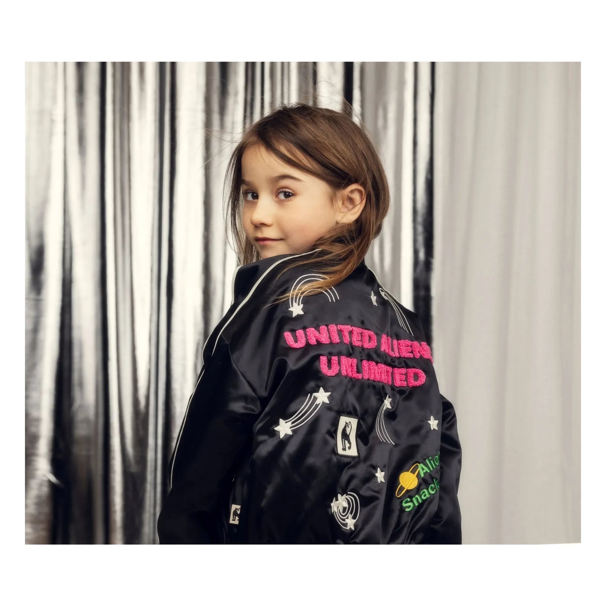 Mini Rodini - Chaqueta de béisbol de satén de fibra reciclada Alien | Negro