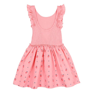 Búho - Vestido acanalado con volantes de fresa de algodón orgánico | Rosa claro
