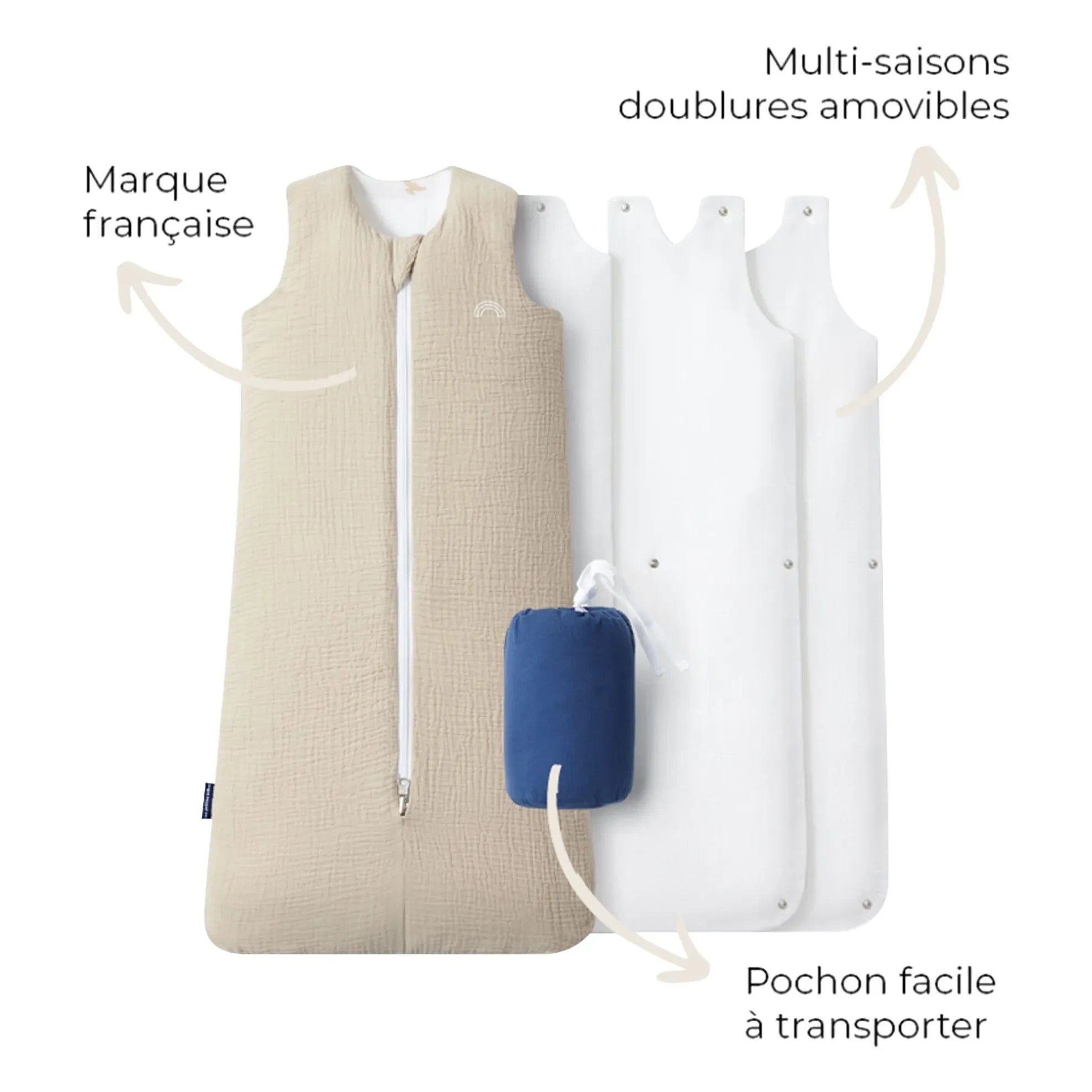 Les Petites Billes - Saco de dormir reversible de muselina de doble capa para todas las estaciones | Beige