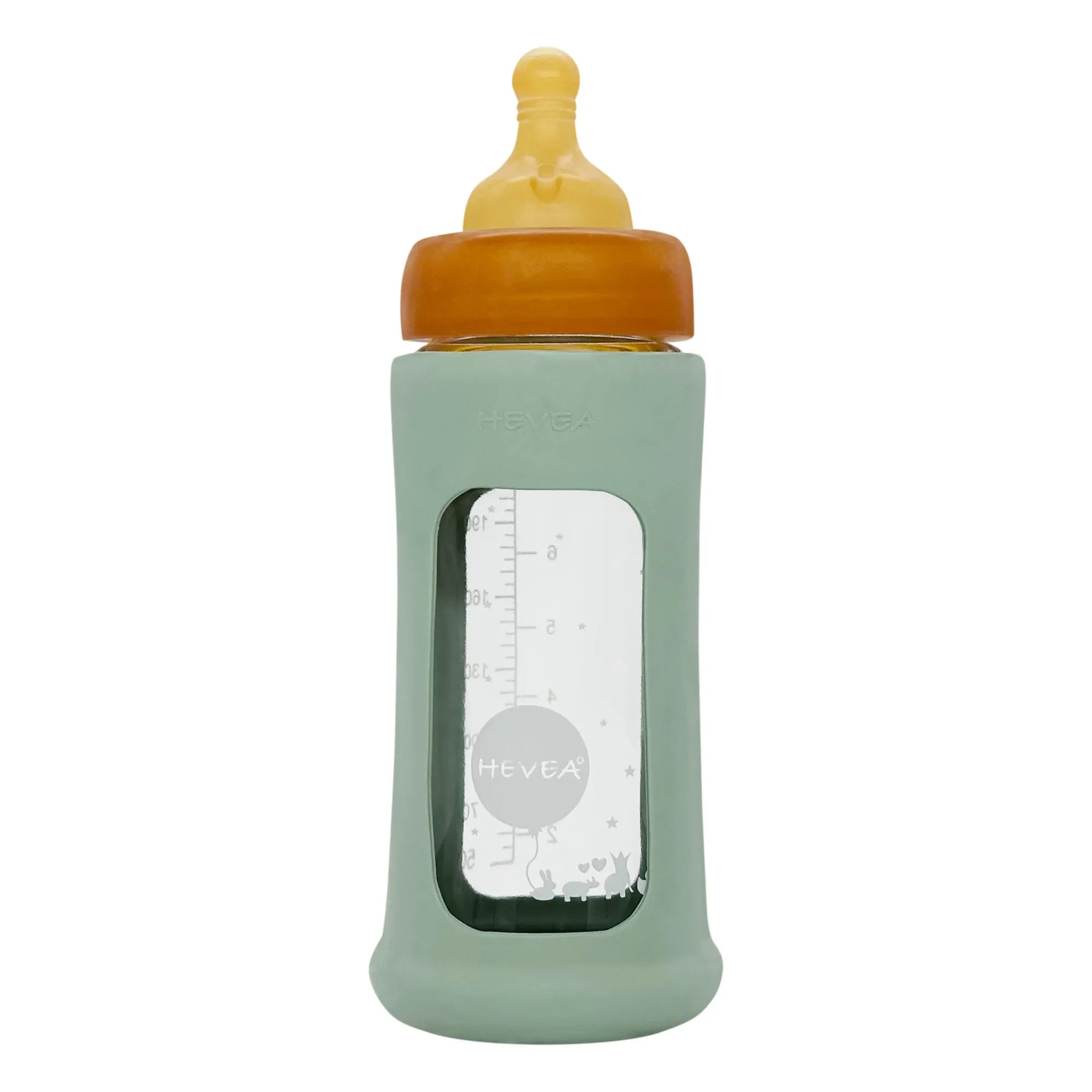 Hevea - Biberón de vidrio de boca ancha con flujo medio y funda protectora | Verde almendra