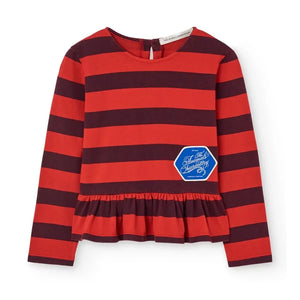 The Animals Observatory - Camiseta con Volantes de Algodón Orgánico a Rayas Scamper | Rojo